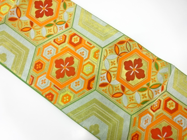 アンティーク　亀甲に花・古典柄模様織出し袋帯（着用可）